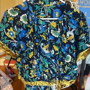 Anthropologie Navy Floral Top  and bottom with Gold Highlights